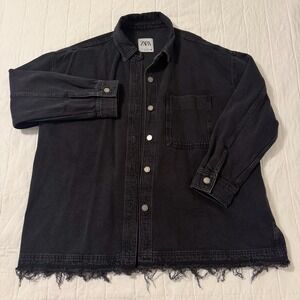 Zara Denim Shirt Jacket Womens SMALL Black Button Up Relaxed‎ Oversized Grunge